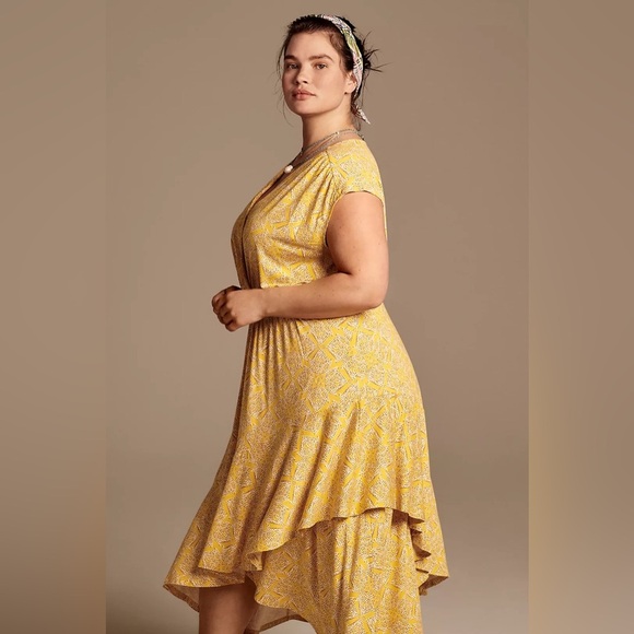 Anthropologie Yellow Vneck Ruffle Midi Dress Size 1x NWT - Picture 2 of 12